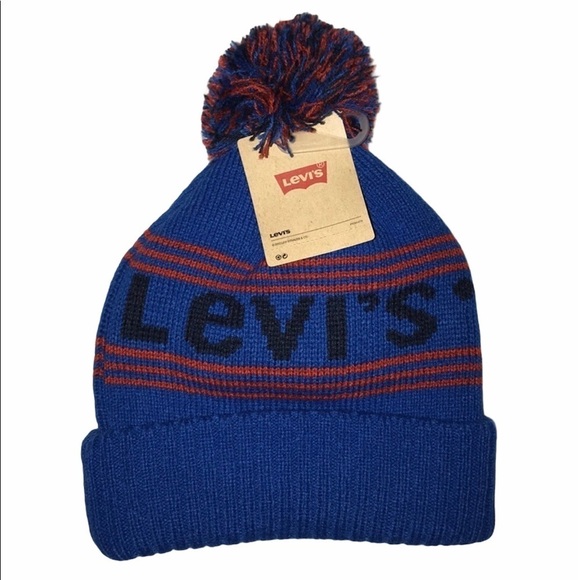 Levi’s Boys Blue Logo Spellout Beanie Knit Hat NWT - Picture 1 of 3